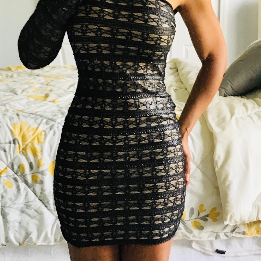 Off one shoulder lace black and silver dress